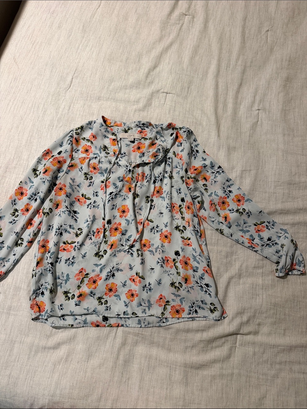 LOFT Blue Floral Tie-Neck Blouse with Coral Accents